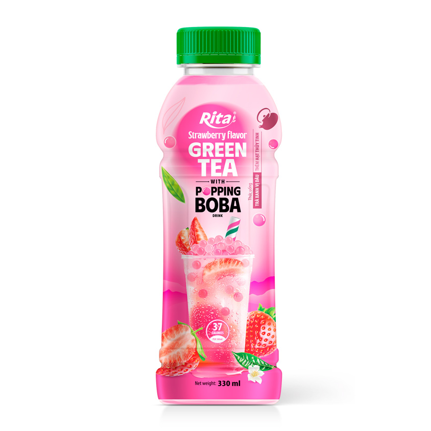 Rita Popping Boba Green Tea With Strawberry Flavor 330mL Bottle 